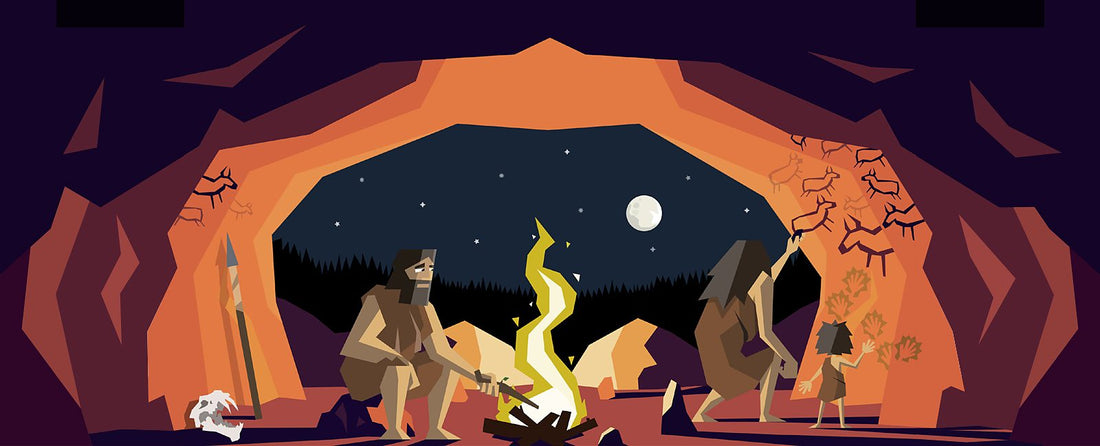 Cave men clip art cooking on a fire with wall art