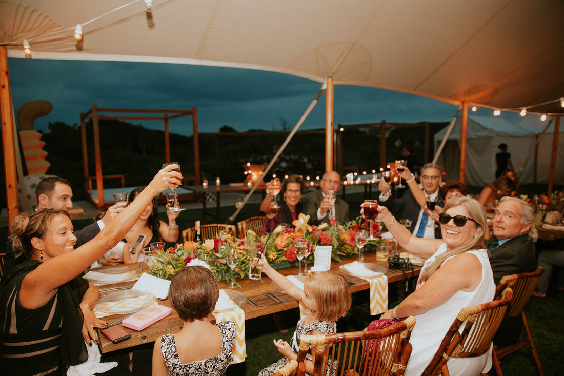 People enjoying a BBQ in a gazebo during summer saying cheers